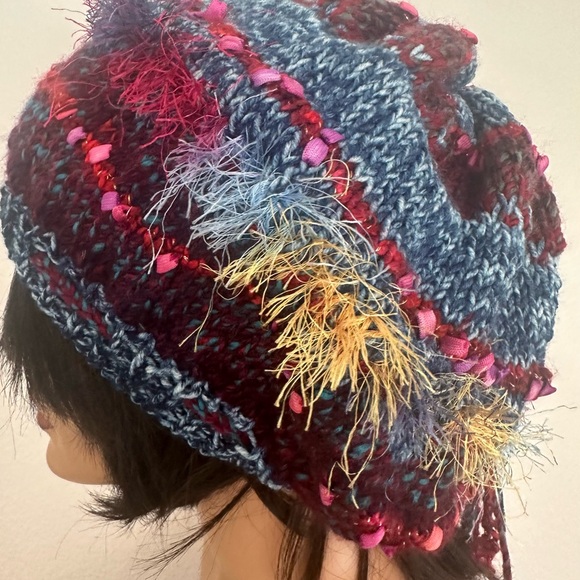 “Hand Knits 2 Love” Slouch Tam Beanie Hat Adjustable Fit Decorative Beads Boho - Picture 4 of 10
